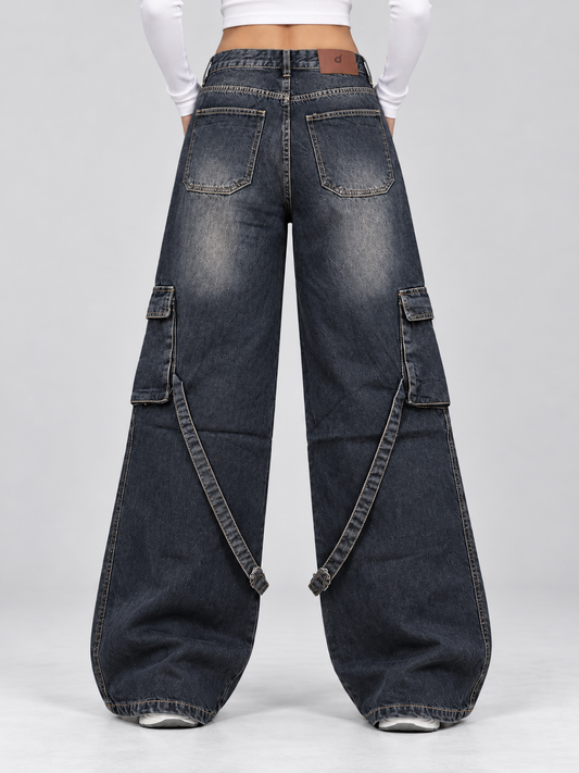 Ash Black Stripes Cargo Wide-Leg jeans