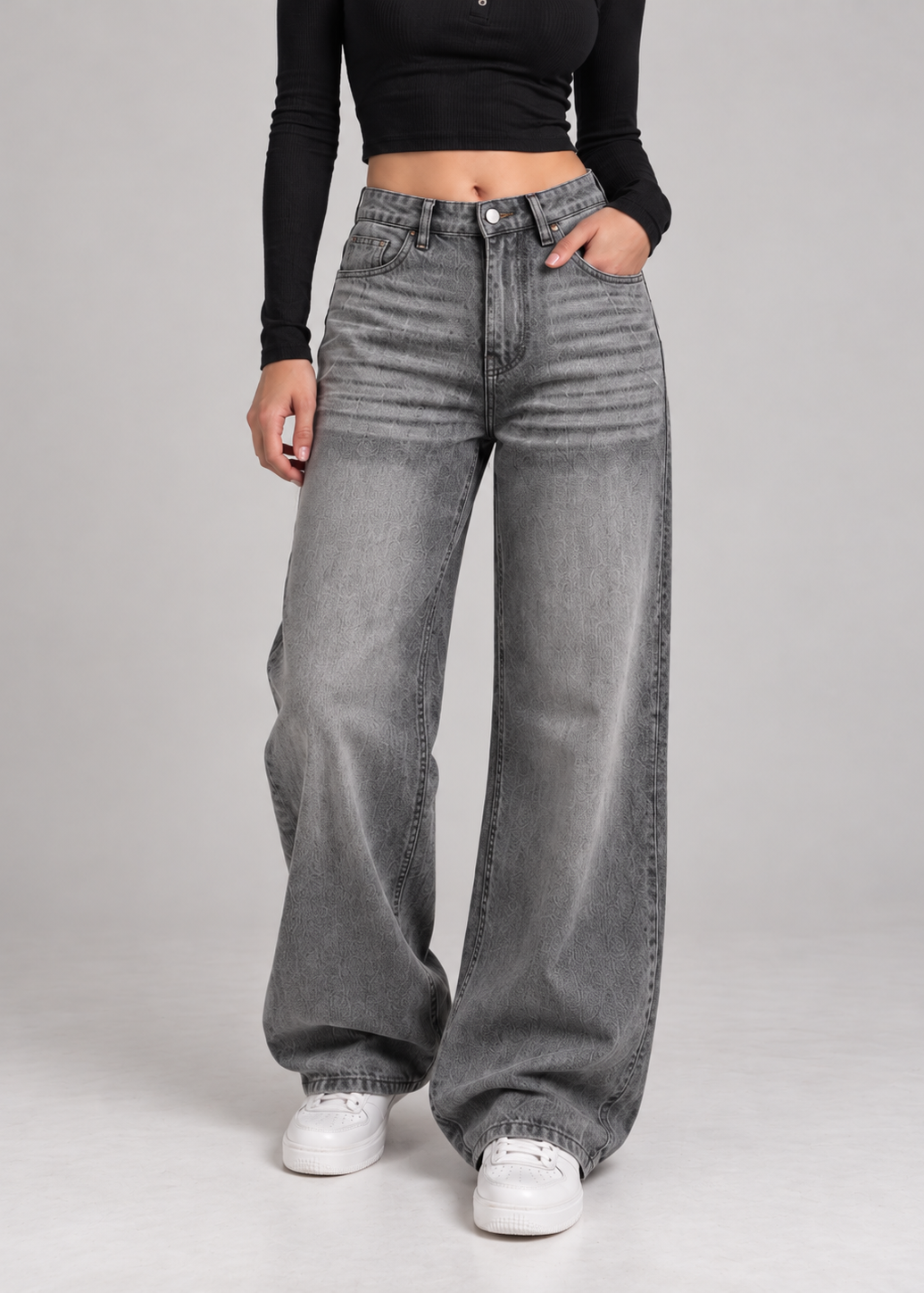 Grey Coated Wide-Leg Jeans