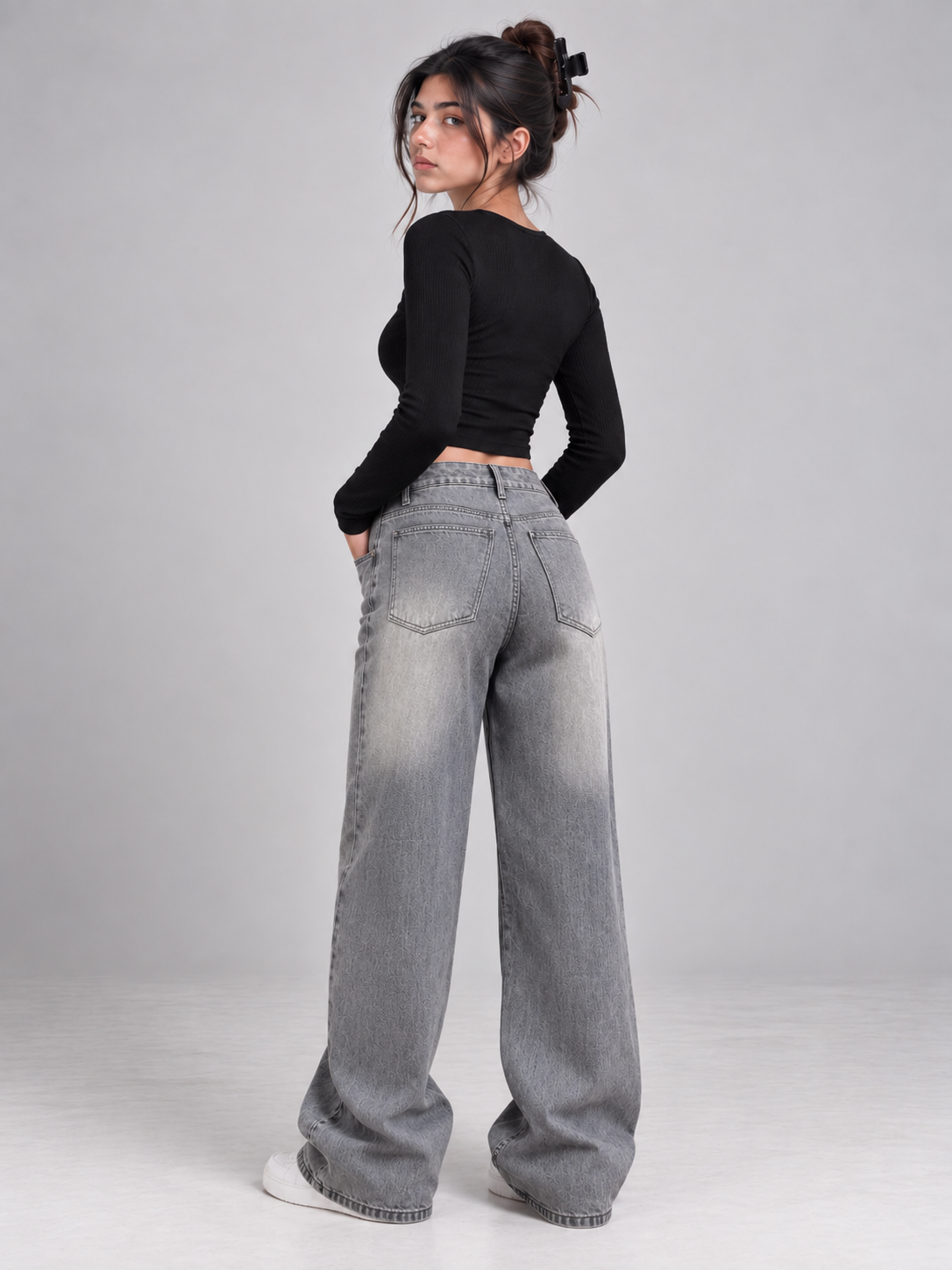 Grey Coated Wide-Leg Jeans