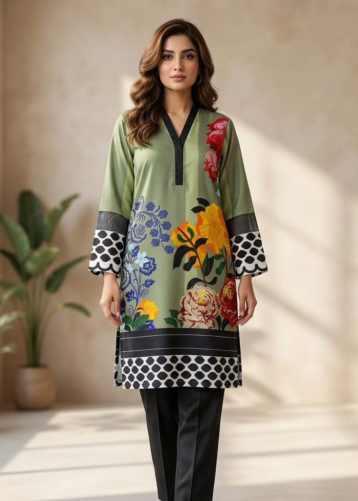 Woman wearing a floral dress with a polka dot border in a bright room with plants.