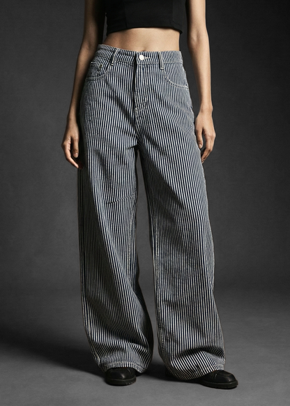 Wellwest High-Waisted blue Striped wide-leg Pants