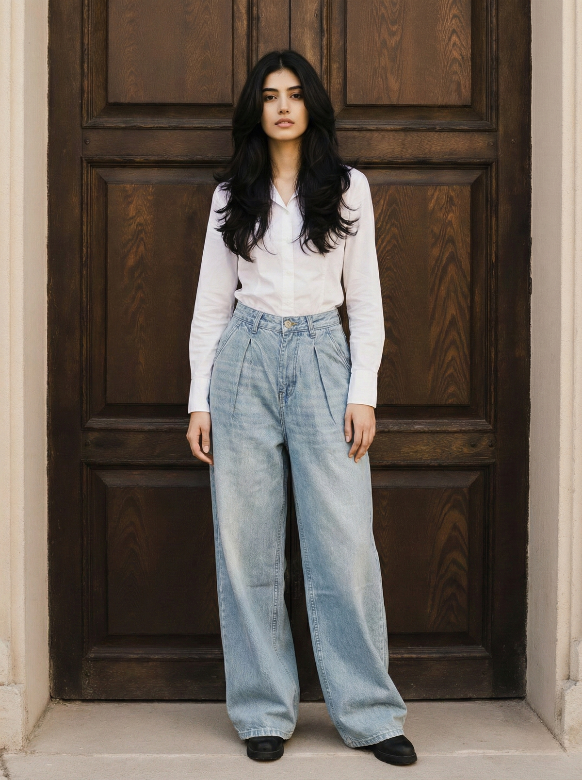 Frost Blue pleated wide-leg jeans