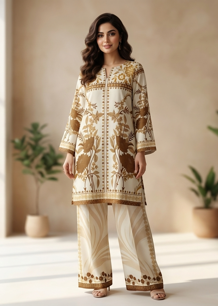 Woman wearing a patterned outfit in a bright room with plants