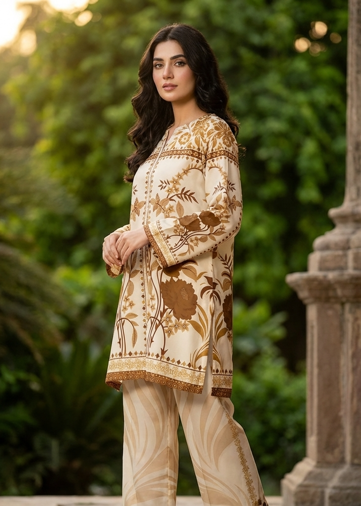 Woman in a patterned outfit standing outdoors with greenery and architectural elements in the background