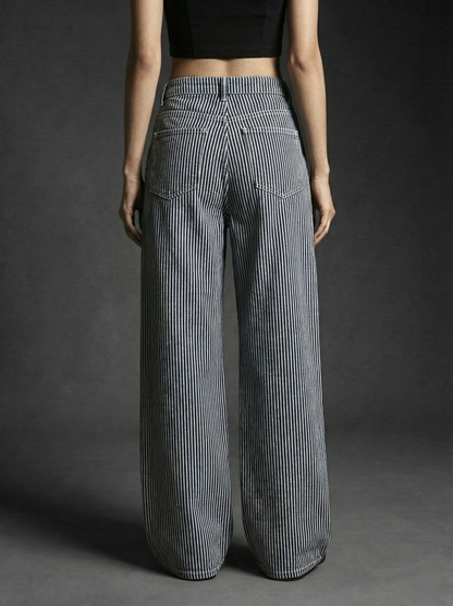 Wellwest High-Waisted blue Striped wide-leg Pants