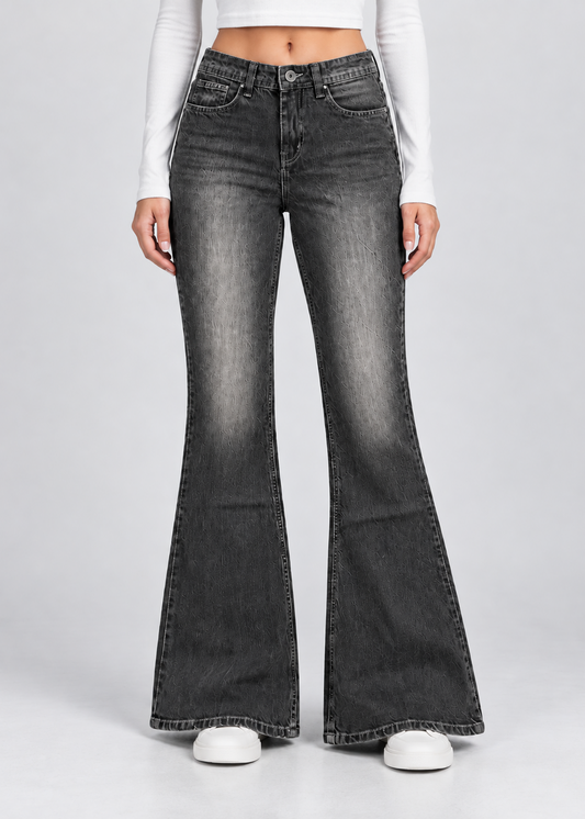 Faded Black Mid-rise Flare Jeans
