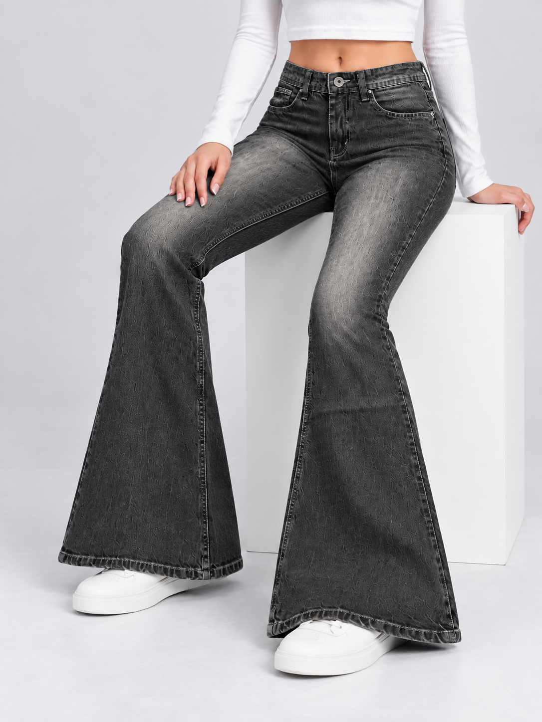 Faded Black Mid-rise Flare Jeans
