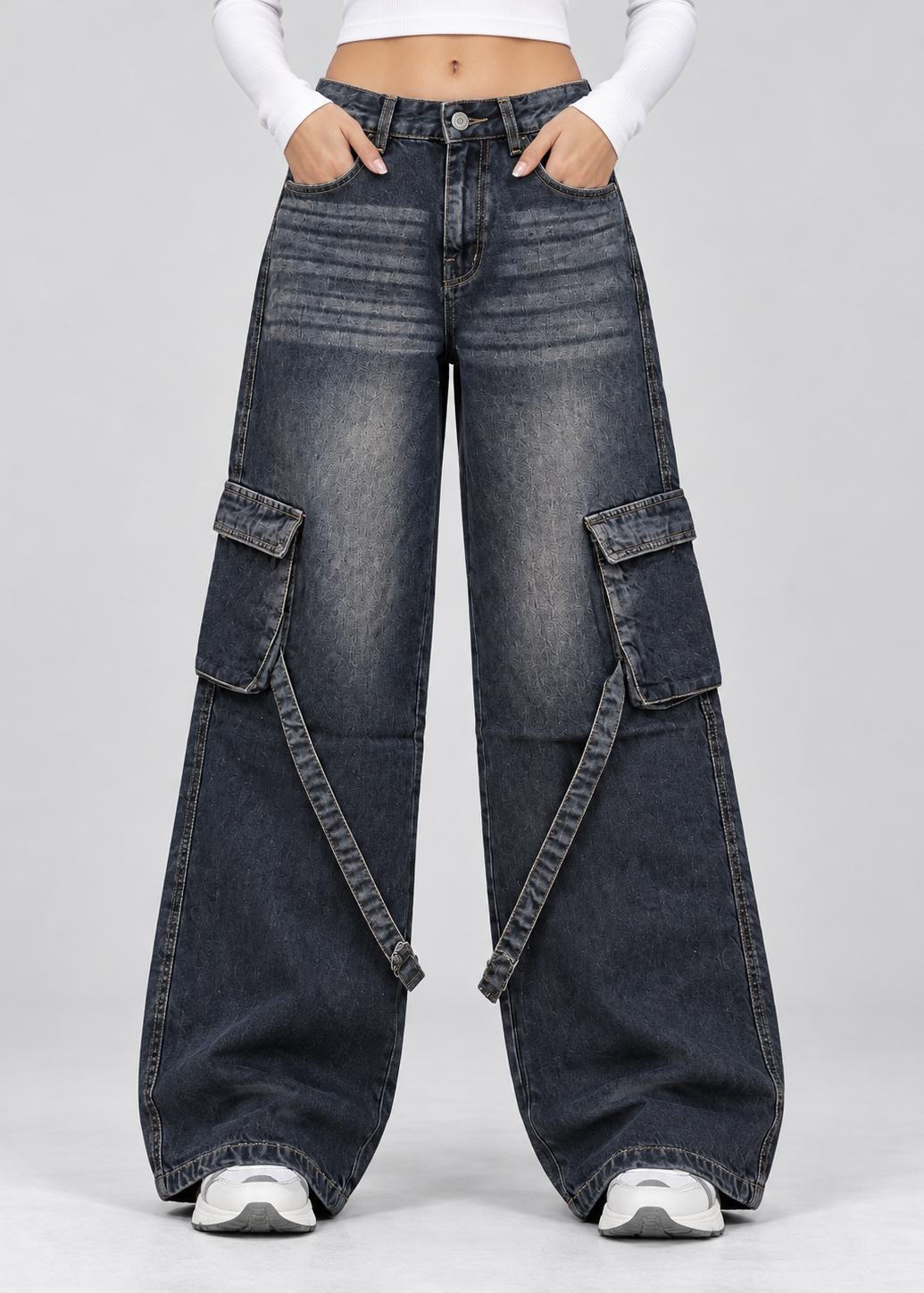 Ash Black Stripes Cargo Wide-Leg jeans