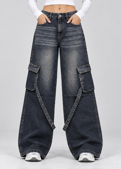 Ash Black Stripes Cargo Wide-Leg jeans