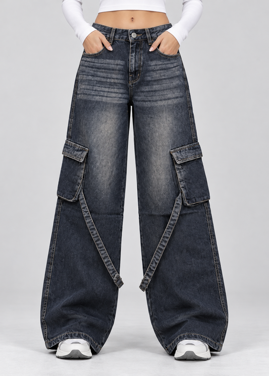 Ash Black Stripes Cargo Wide-Leg jeans