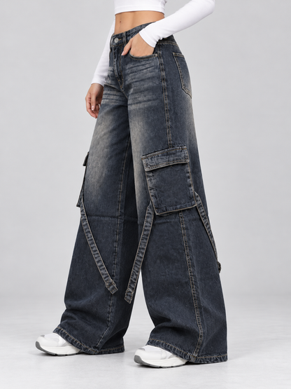 Ash Black Stripes Cargo Wide-Leg jeans