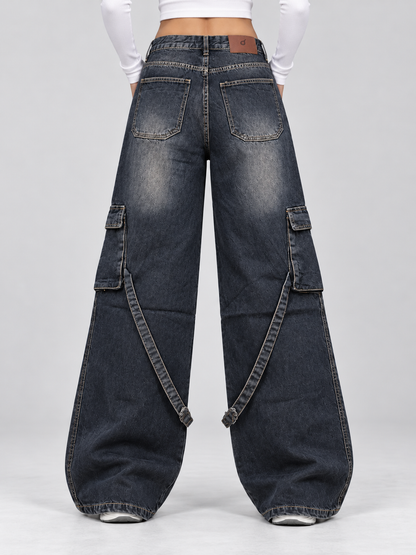 Ash Black Stripes Cargo Wide-Leg jeans