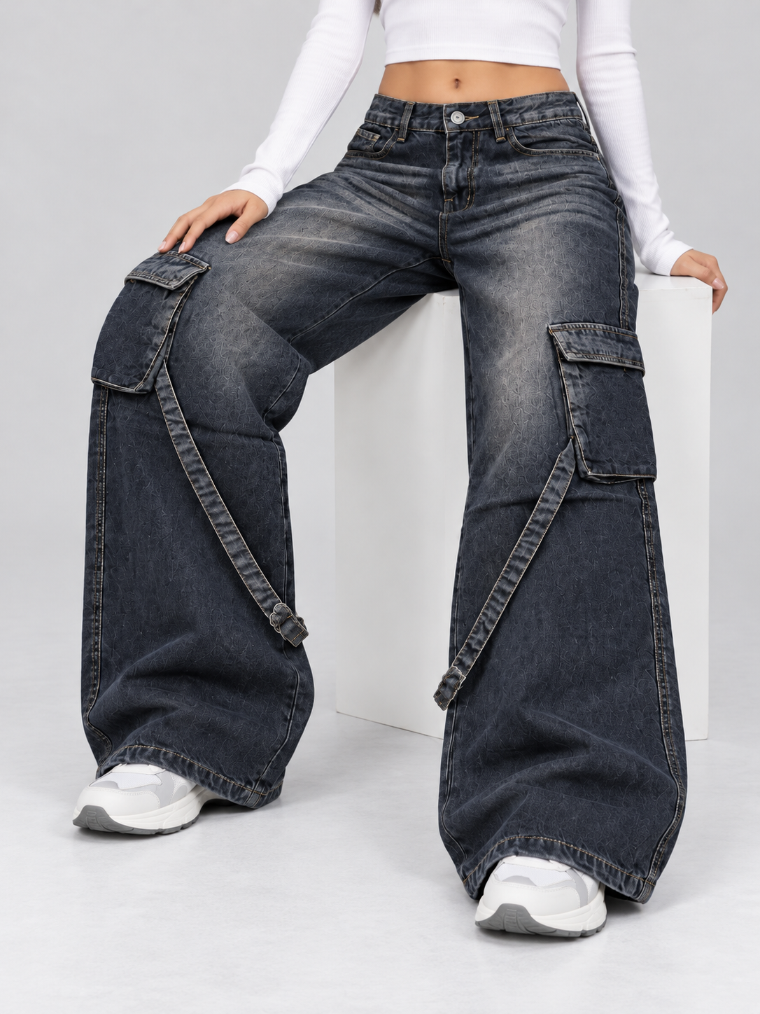 Ash Black Stripes Cargo Wide-Leg jeans
