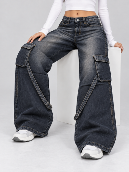 Ash Black Stripes Cargo Wide-Leg jeans