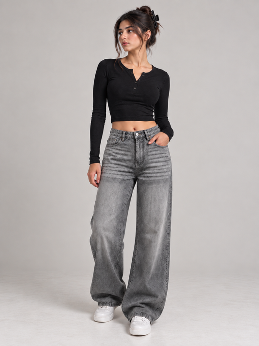 Grey Coated Wide-Leg Jeans