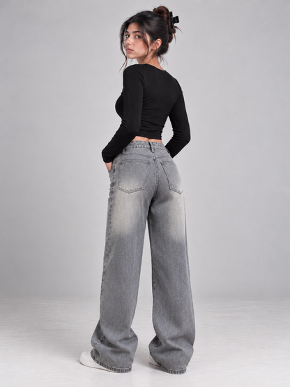 Grey Coated Wide-Leg Jeans