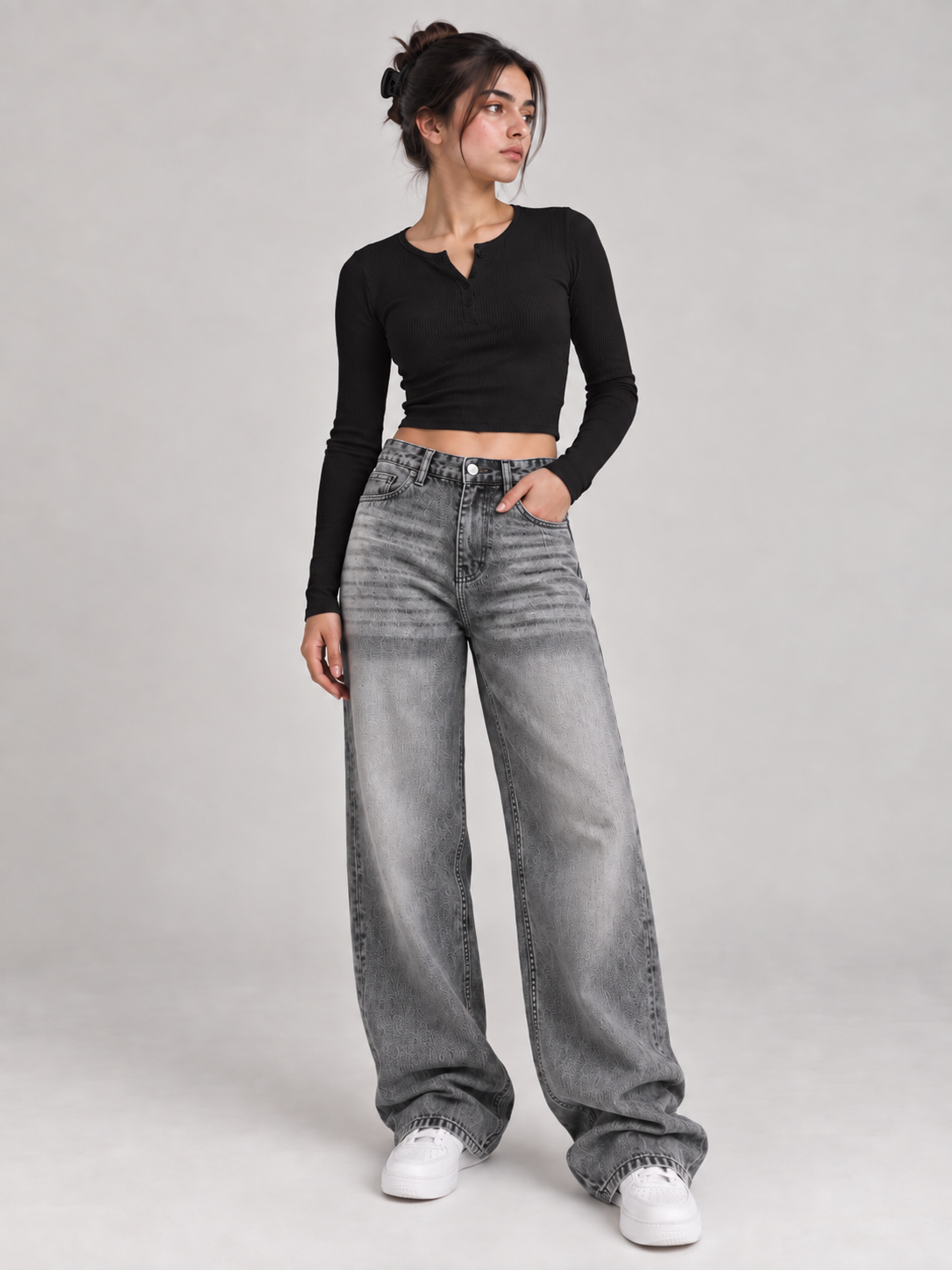 Grey Coated Wide-Leg Jeans