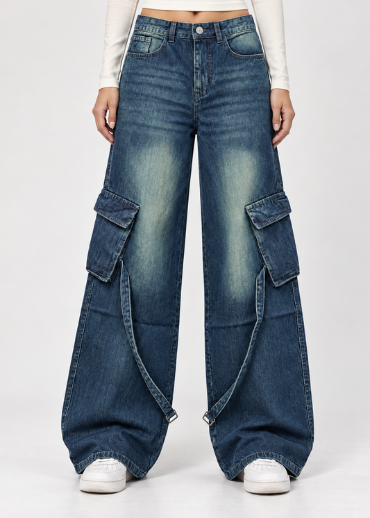 Vintage Green Stripes Cargo Wide-Leg Jeans