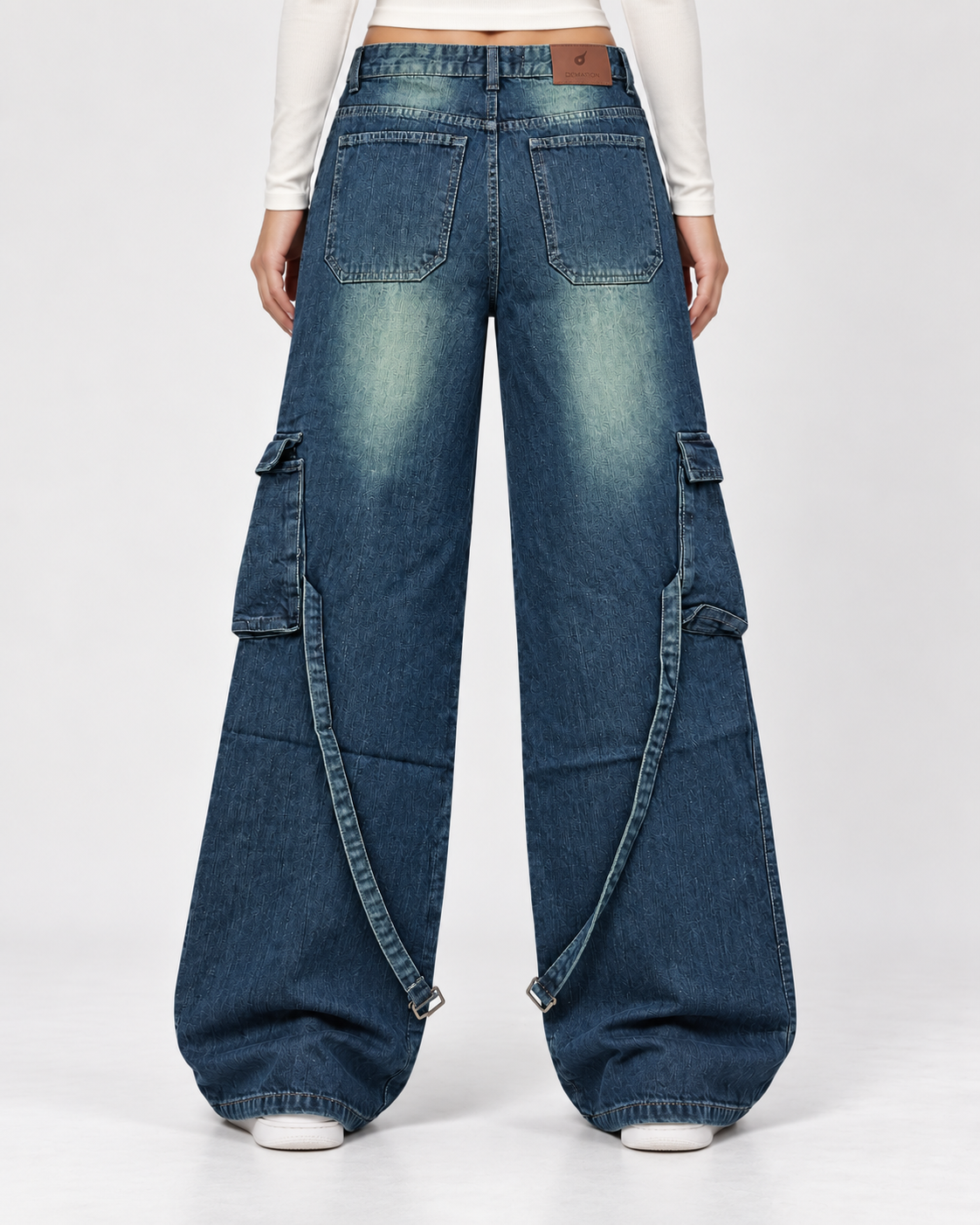 Vintage Green Stripes Cargo Wide-Leg Jeans
