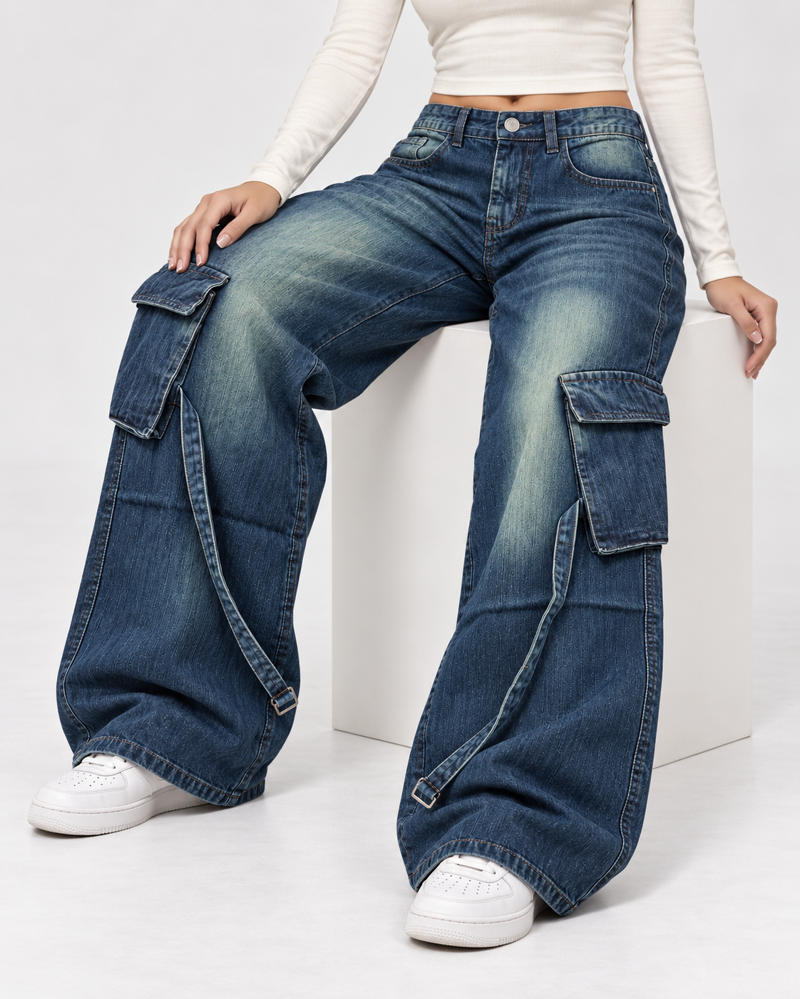 Vintage Green Stripes Cargo Wide-Leg Jeans