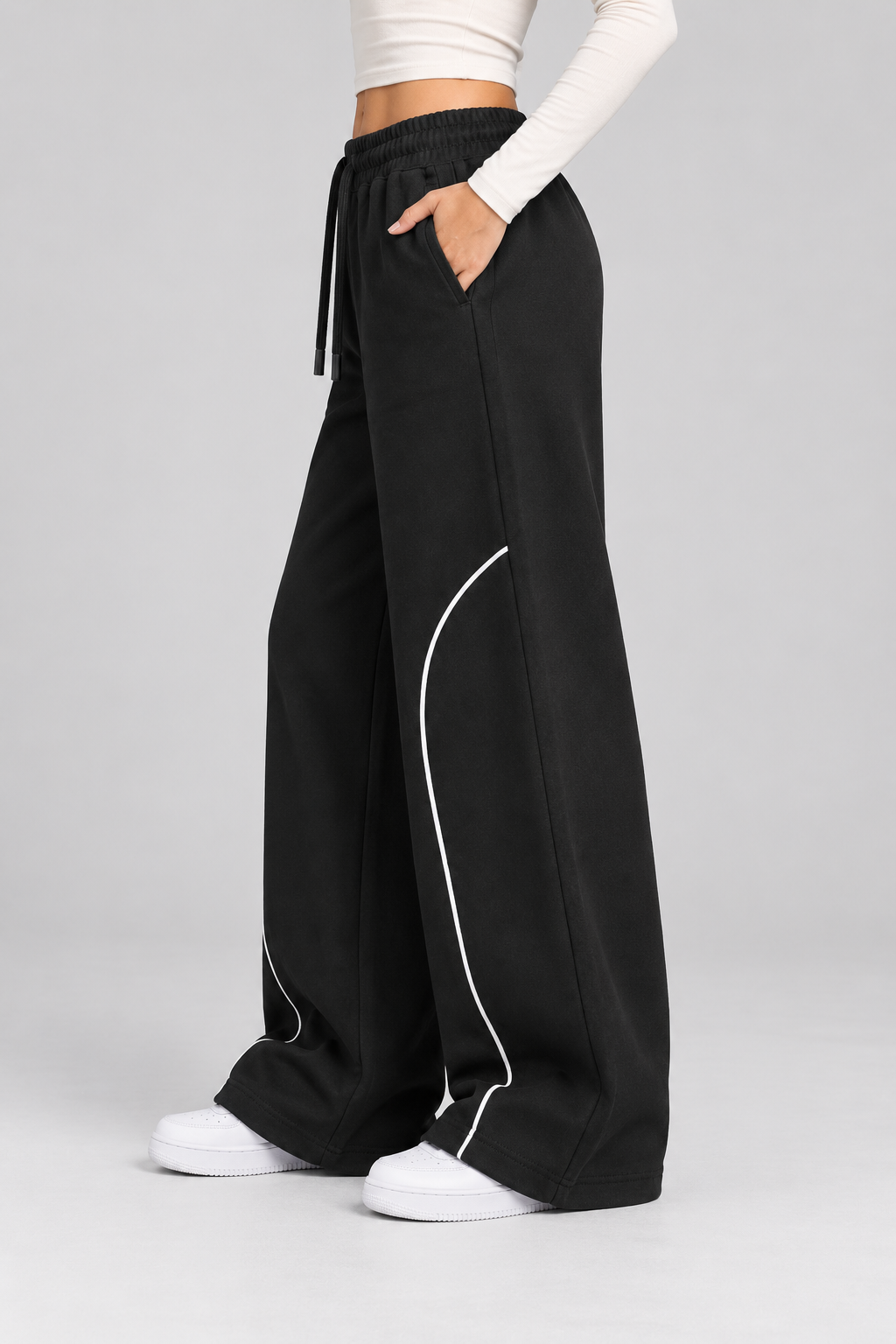 Drawstring black wide leg pants