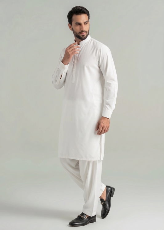 Safari - White Kameez Shalwar Band Collar