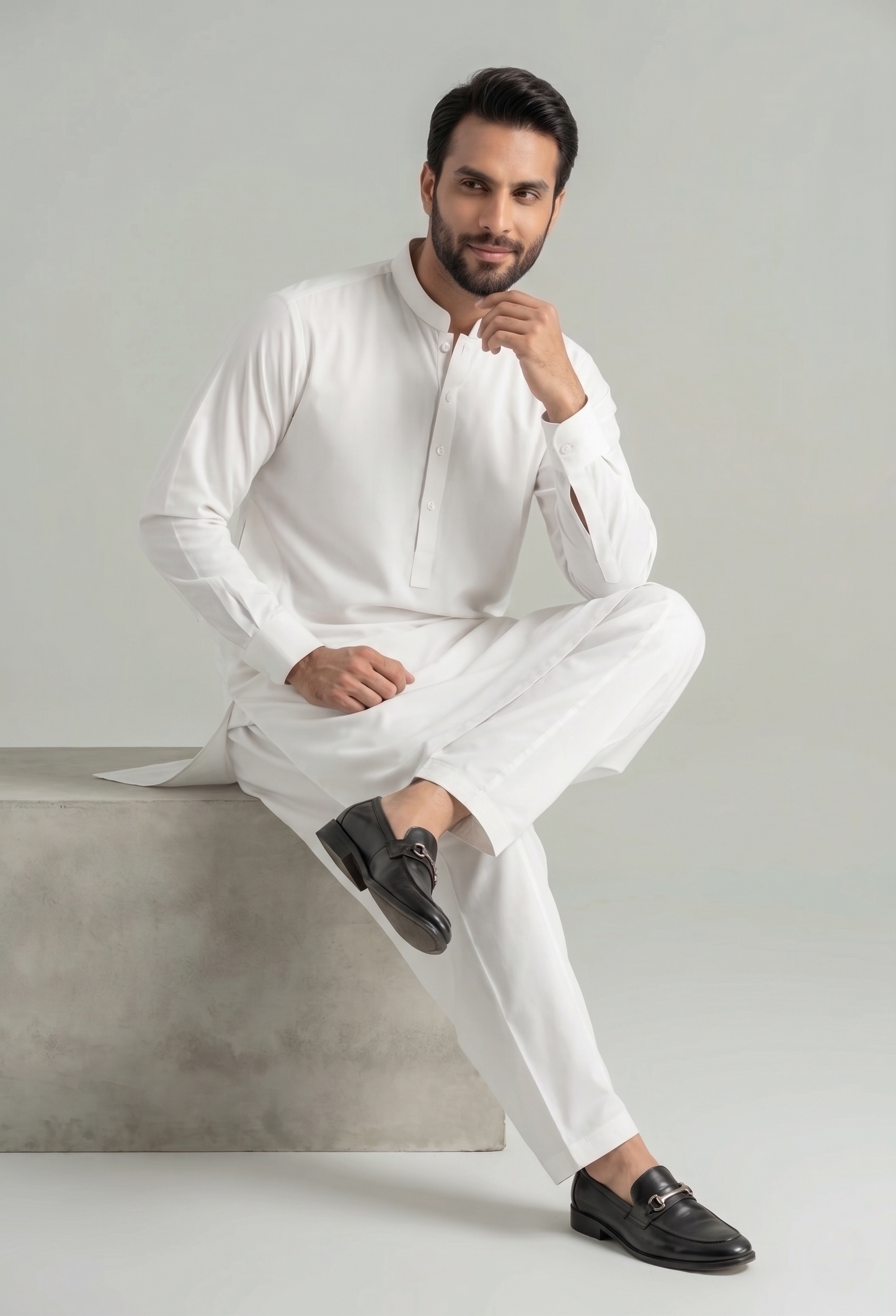 Safari - White Kameez Shalwar Band Collar