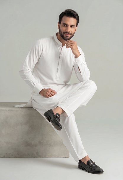 Safari - White Kameez Shalwar Band Collar