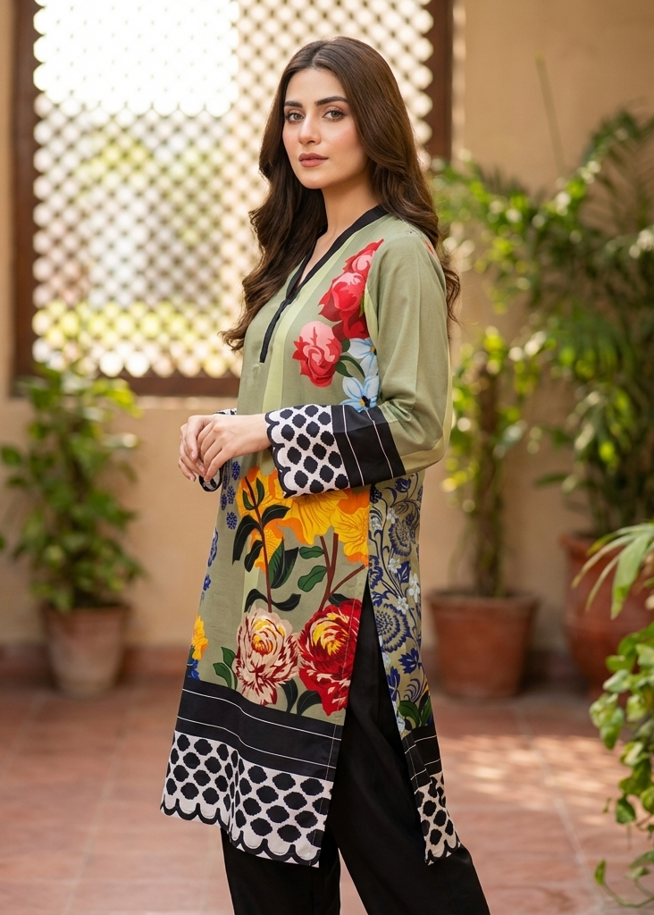 Woman wearing a floral embroidered outfit in an outdoor setting with plants.