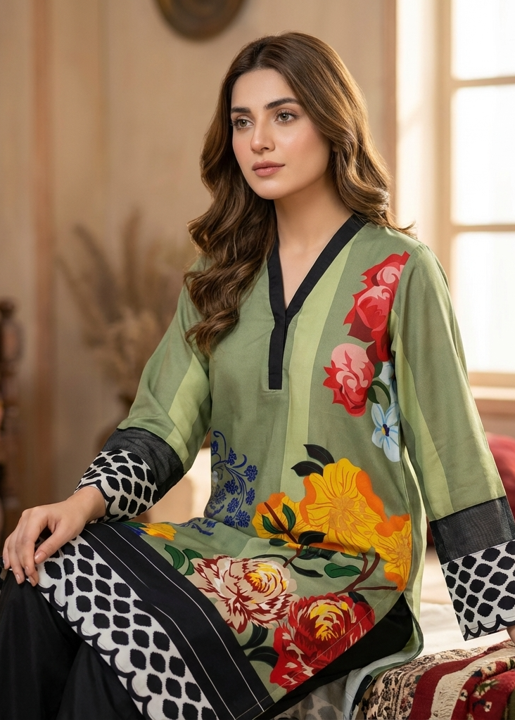 Woman wearing a green floral embroidered top in a decorated room.