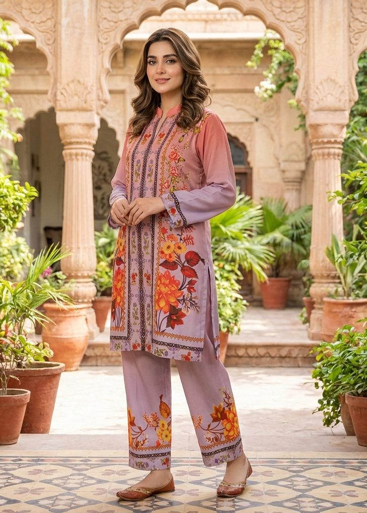 Woman in a floral outfit standing in an ornate courtyard with plants.