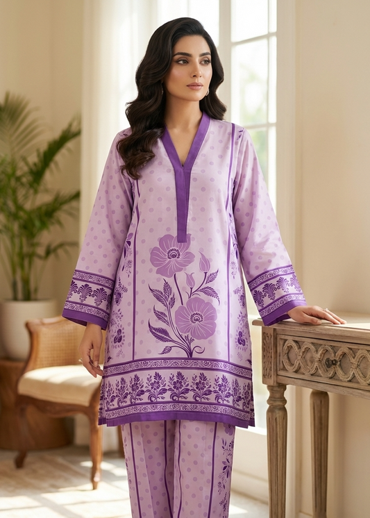 Woman wearing a purple embroidered outfit in a well-lit room.
