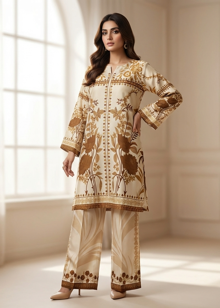 Woman wearing a traditional outfit with intricate patterns in a bright room.